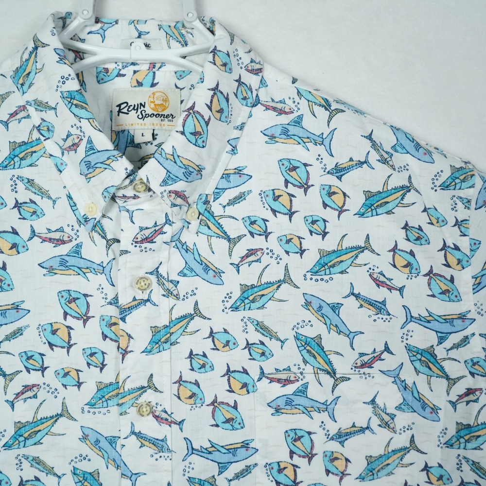 Reyn Spooner Limited Issue Shark Tuna Fish Print Button Down Shirt Mens L White